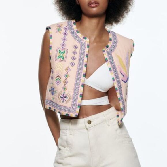 Zara Embroidered Vest Palm Tree Geometric Open Front Crop Pink Women's Large - Picture 1 of 6